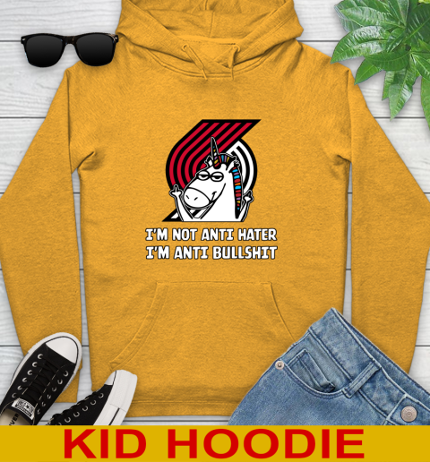 Portland Trail Blazers NBA Basketball Unicorn I'm Not Anti Hater I'm Anti Bullshit Youth Hoodie 3