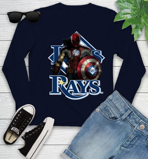 MLB Captain America Thor Spider Man Hawkeye Avengers Endgame Baseball Tampa Bay Rays Youth Long Sleeve 3
