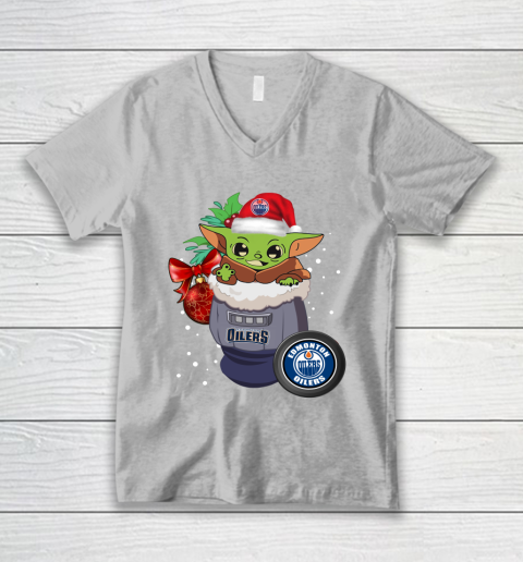 Edmonton Oilers Christmas Baby Yoda Star Wars Funny Happy NHL V-Neck T-Shirt 4