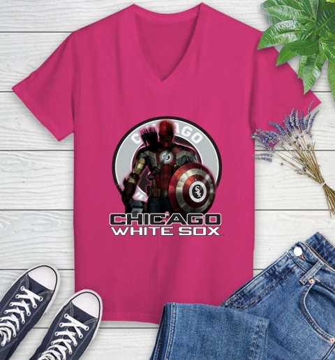 MLB Captain America Thor Spider Man Hawkeye Avengers Endgame Baseball Chicago White Sox Women's V-Neck T-Shirt 9