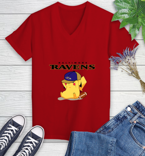 NFL Pikachu Football Sports Baltimore Ravens Women's V-Neck T-Shirt 12