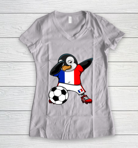Dabbing Penguin France Soccer Fans Jersey Football Lovers Women's V-Neck T-Shirt