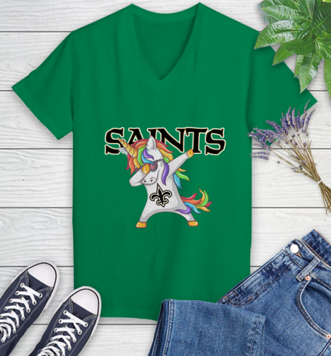 New Orleans Saints NFL Football Funny Unicorn Dabbing Sports Women's V-Neck T-Shirt 5