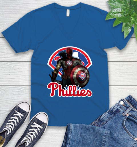 MLB Captain America Thor Spider Man Hawkeye Avengers Endgame Baseball Philadelphia Phillies V-Neck T-Shirt 6
