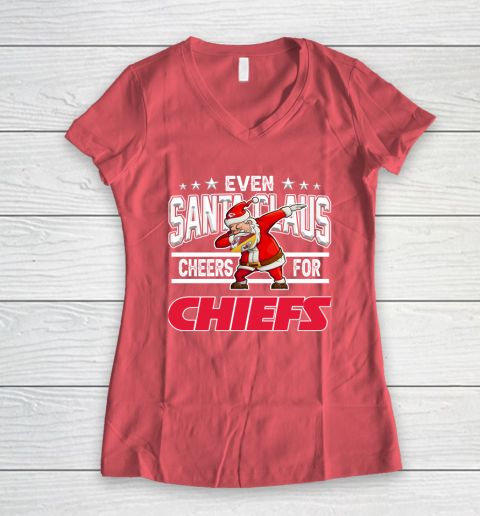 Kansas City Chiefs Even Santa Claus Cheers For Christmas NFL Women's V-Neck T-Shirt 4