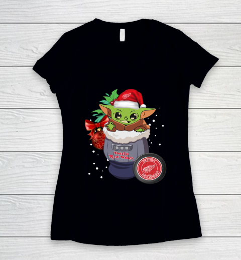 Detroit Red Wings Christmas Baby Yoda Star Wars Funny Happy NHL Women's V-Neck T-Shirt