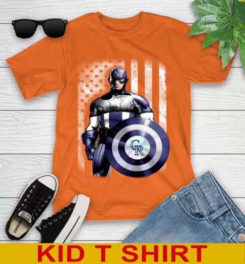 Colorado Rockies MLB Baseball Captain America Marvel Avengers American Flag Shirt Youth T-Shirt 8