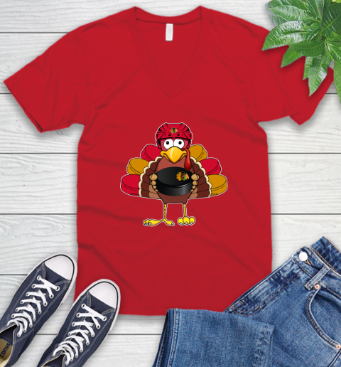 Chicago Blackhawks Turkey Thanksgiving Day V-Neck T-Shirt 7