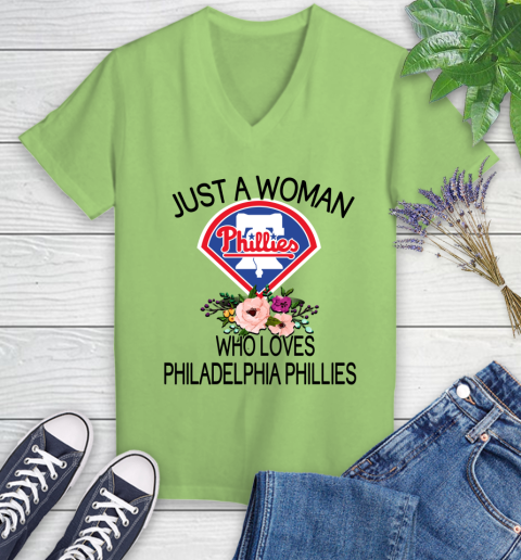 MLB Just A Woman Who Loves Philadelphia Phillies Baseball Sports Women's V-Neck T-Shirt 6
