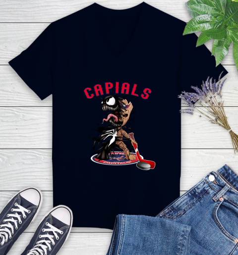 NHL Washington Capitals Hockey Venom Groot Guardians Of The Galaxy Women's V-Neck T-Shirt 3
