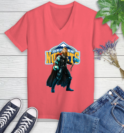 NBA Thor Avengers Endgame Basketball Denver Nuggets Women's V-Neck T-Shirt 6