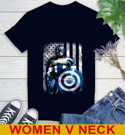 Edmonton Oilers NHL Hockey Captain America Marvel Avengers American Flag Shirt Women's V-Neck T-Shirt 2