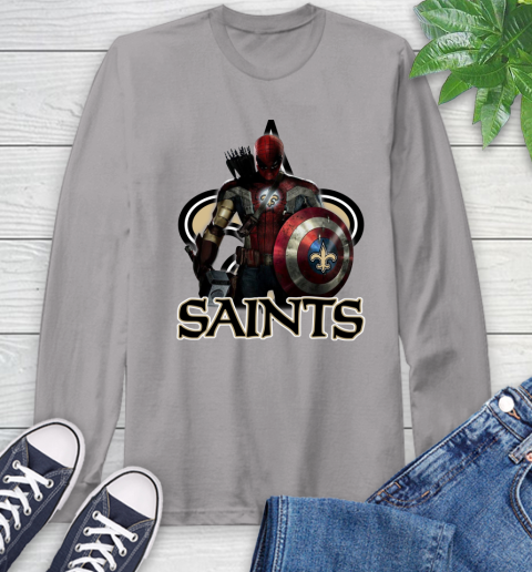 NFL Captain America Thor Spider Man Hawkeye Avengers Endgame Football New Orleans Saints Long Sleeve T-Shirt 6