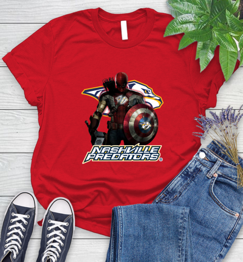 NHL Captain America Thor Spider Man Hawkeye Avengers Endgame Hockey Nashville Predators Women's T-Shirt 9