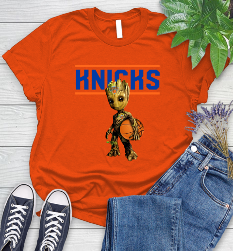 New York Knicks NBA Basketball Groot Marvel Guardians Of The Galaxy Women's T-Shirt 4