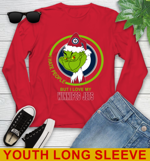 Winnipeg Jets NHL Christmas Grinch I Hate People But I Love My Favorite Hockey Team Youth Long Sleeve 11