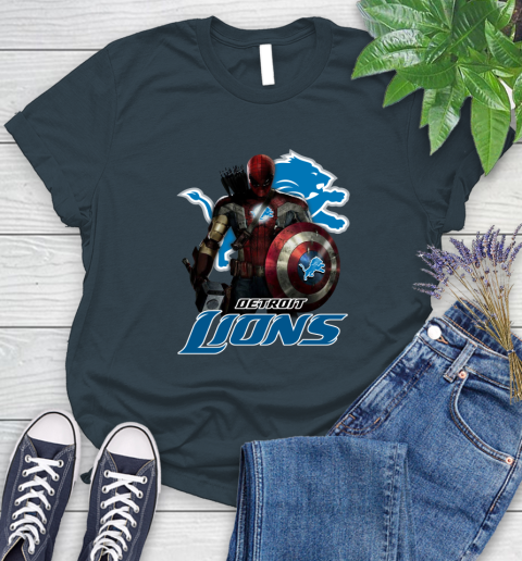 NFL Captain America Thor Spider Man Hawkeye Avengers Endgame Football Detroit Lions Women's T-Shirt 8
