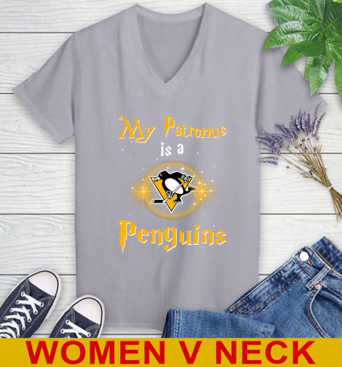 NHL Hockey Harry Potter My Patronus Is A Pittsburgh Penguins Women's V-Neck T-Shirt 4