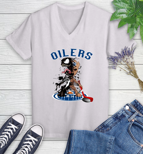 NHL Edmonton Oilers Hockey Venom Groot Guardians Of The Galaxy Women's V-Neck T-Shirt