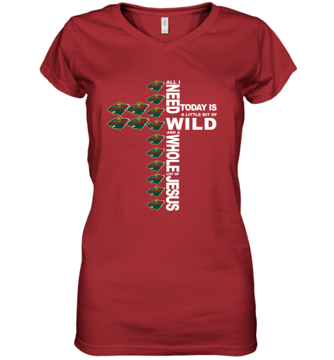 NHL All I Need Today Is A Little Bit Of Minnesota Wild And A Whole Lot Of Jesus Hockey zjz2vKov0QV women v neck t shirt 39 95 151514 front red