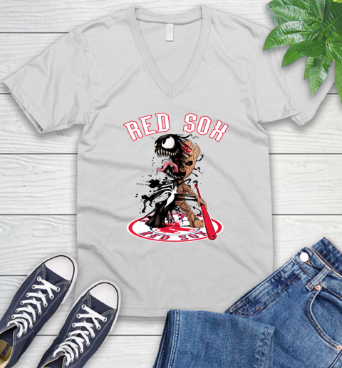 MLB Boston Red Sox Baseball Venom Groot Guardians Of The Galaxy V-Neck T-Shirt