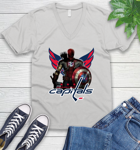 NHL Captain America Thor Spider Man Hawkeye Avengers Endgame Hockey Washington Capitals V-Neck T-Shirt