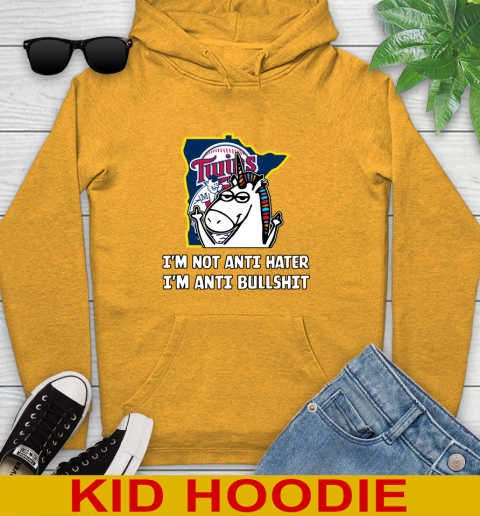 Minnesota Twins MLB Baseball Unicorn I'm Not Anti Hater I'm Anti Bullshit Youth Hoodie 3