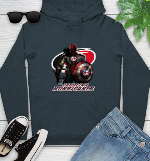NHL Captain America Thor Spider Man Hawkeye Avengers Endgame Hockey Carolina Hurricanes Youth Hoodie 8