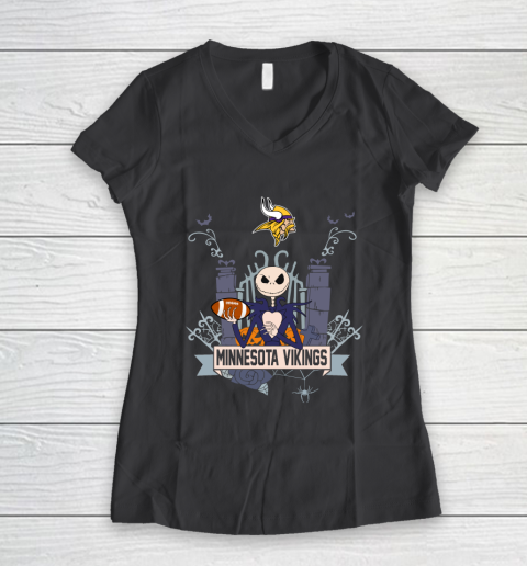 NFL Minnesota Vikings Football Jack Skellington Halloween Women's V-Neck T-Shirt 6
