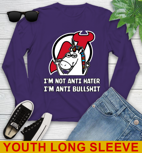 New Jersey Devils NHL Hockey Unicorn I'm Not Anti Hater I'm Anti Bullshit Youth Long Sleeve 5