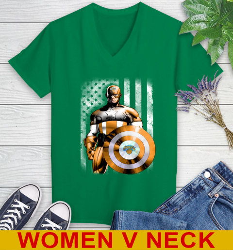 New York Knicks NBA Basketball Captain America Marvel Avengers American Flag Shirt Women's V-Neck T-Shirt 5