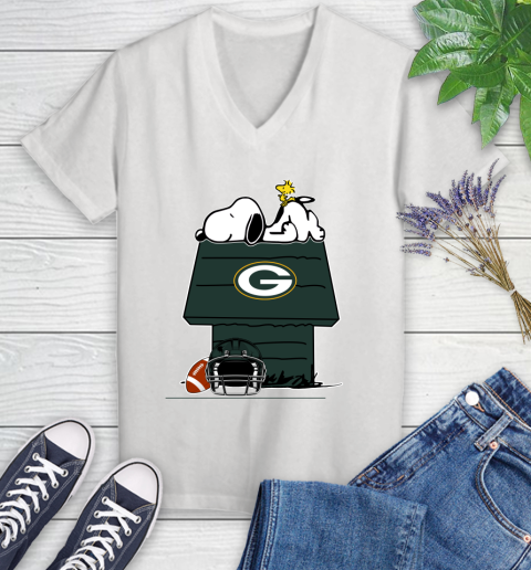 Green Bay Packers NFL Football Snoopy Woodstock The Peanuts Movie Women's V-Neck T-Shirt