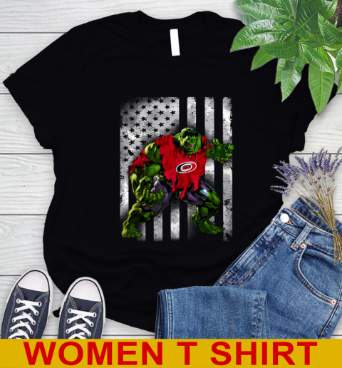 Carolina Hurricanes Hulk Marvel Avengers NHL Hockey American Flag Women's T-Shirt