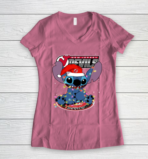 New Jersey Devils NHL Hockey noel stitch Christmas Women's V-Neck T-Shirt 7