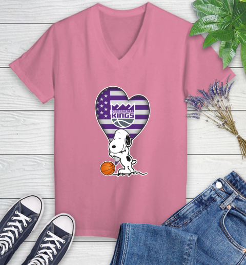 Sacramento Kings NBA Basketball The Peanuts Movie Adorable Snoopy Women's V-Neck T-Shirt 13