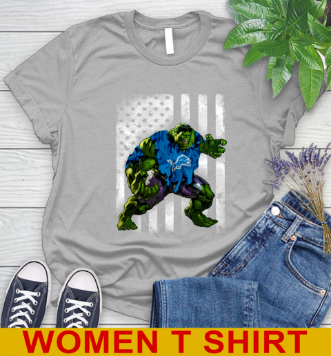 Detroit Lions Hulk Marvel Avengers NFL Football American Flag Women's T-Shirt 5