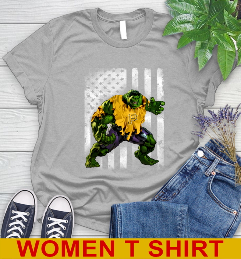 Pittsburgh Pirates Hulk Marvel Avengers MLB Baseball American Flag Women's T-Shirt 5