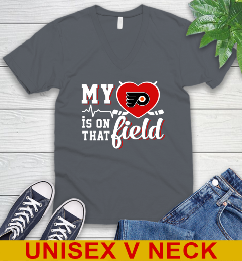 NHL My Heart Is On That Field Hockey Sports Philadelphia Flyers V-Neck T-Shirt 4