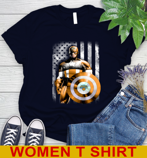 New York Knicks NBA Basketball Captain America Marvel Avengers American Flag Shirt Women's T-Shirt 2