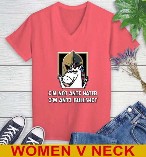 Vegas Golden Knights NHL Hockey Unicorn I'm Not Anti Hater I'm Anti Bullshit Women's V-Neck T-Shirt 7