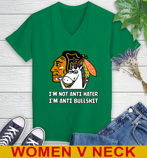 Chicago Blackhawks NHL Hockey Unicorn I'm Not Anti Hater I'm Anti Bullshit Women's V-Neck T-Shirt 6