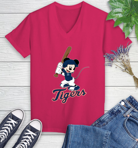 MLB Baseball Detroit Tigers Cheerful Mickey Mouse Shirt Women's V-Neck T-Shirt 8