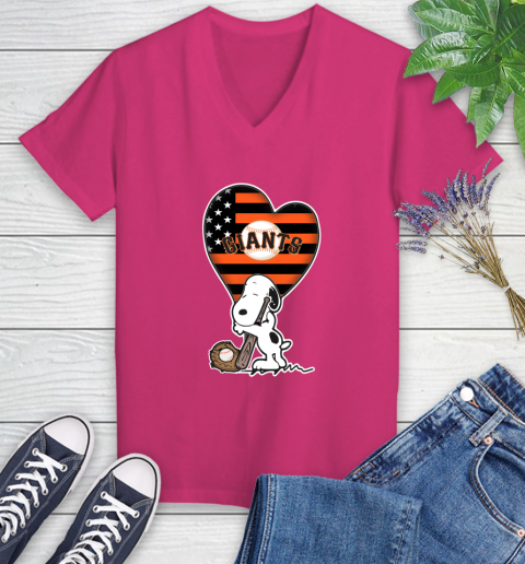 San Francisco Giants MLB Baseball The Peanuts Movie Adorable Snoopy Women's V-Neck T-Shirt 9