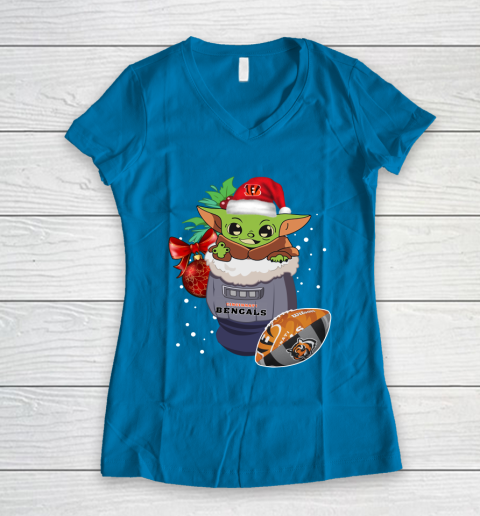 Cincinnati Bengals Christmas Baby Yoda Star Wars Funny Happy NFL Women's V-Neck T-Shirt 7