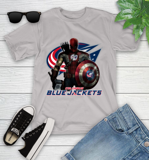 NHL Captain America Thor Spider Man Hawkeye Avengers Endgame Hockey Columbus Blue Jackets Youth T-Shirt 12