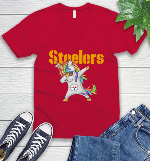 Pittsburgh Steelers NFL Football Funny Unicorn Dabbing Sports V-Neck T-Shirt 8