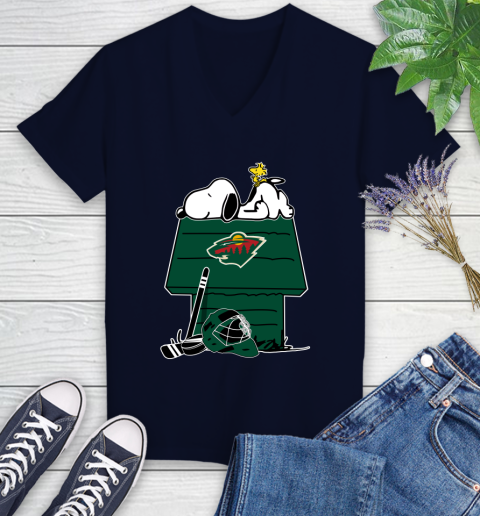 Minnesota Wild NHL Hockey Snoopy Woodstock The Peanuts Movie Women's V-Neck T-Shirt 3