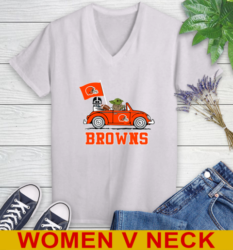 NFL Football Cleveland Browns Darth Vader Baby Yoda Driving Star Wars Shirt Women's V-Neck T-Shirt