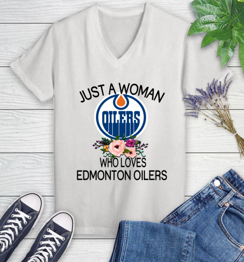 NHL Just A Woman Who Loves Edmonton Oilers Hockey Sports Women's V-Neck T-Shirt