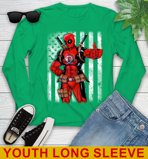 MLB Baseball Texas Rangers Deadpool American Flag Shirt Youth Long Sleeve 7
